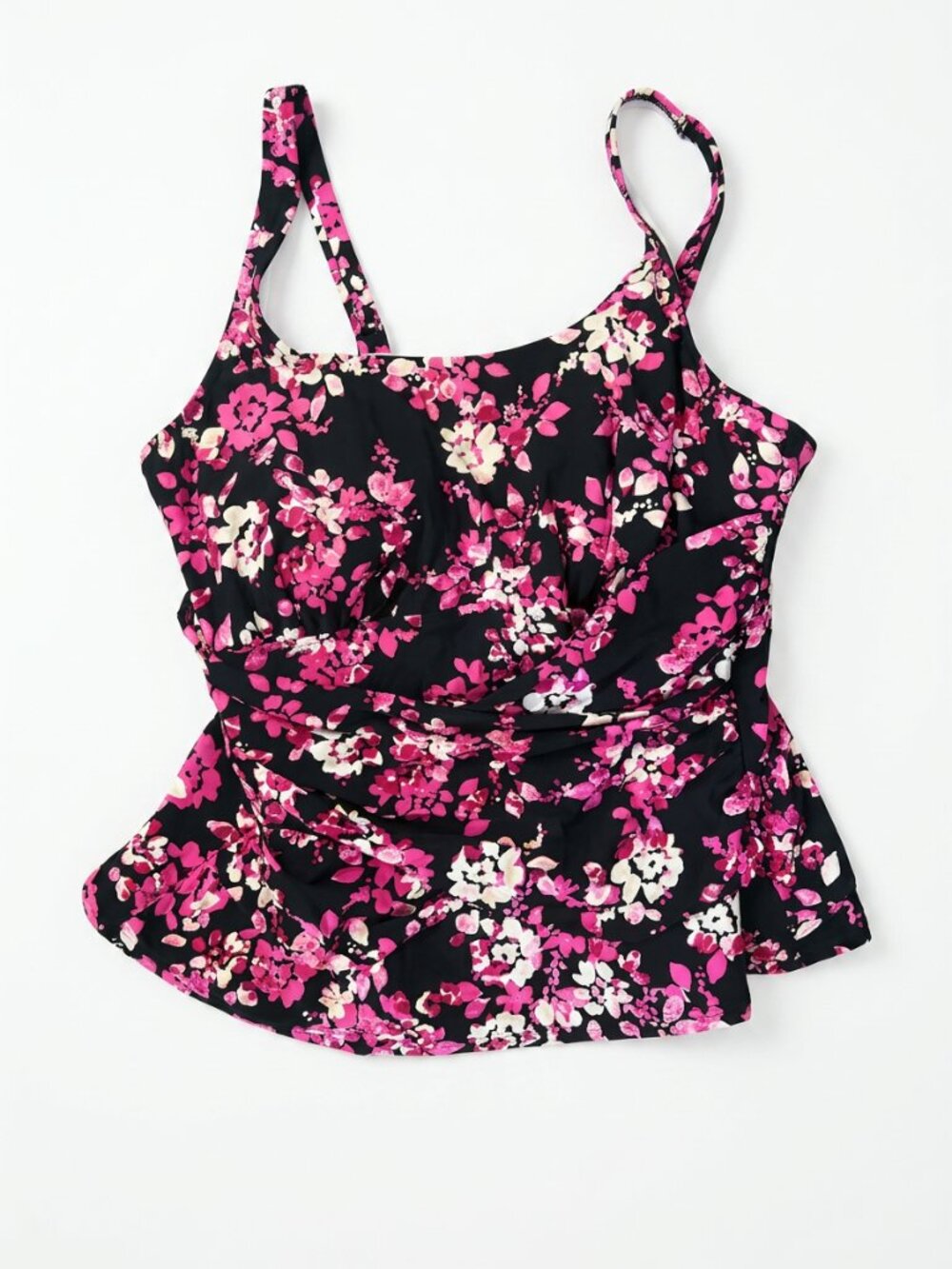 Lands' End Ruched Tankini Swim Top Black Pink Floral 18W